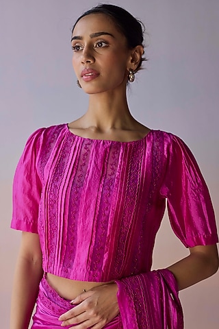 Pink Handwoven Organza Mulberry Silk Lace Embroidered Blouse by Surmaye