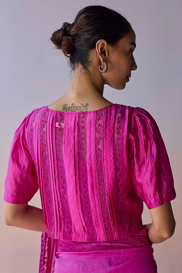 Pink Handwoven Organza Mulberry Silk Lace Embroidered Blouse by Surmaye at Pernia's Pop Up Shop
