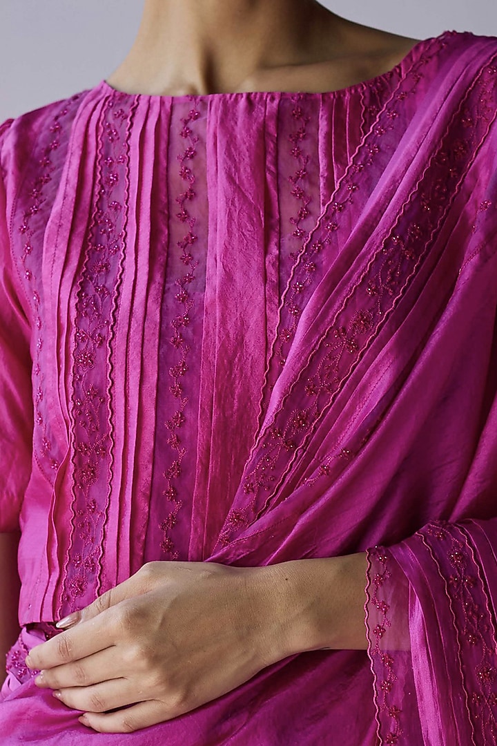 Pink Handwoven Organza Mulberry Silk Lace Embroidered Blouse by Surmaye at Pernia's Pop Up Shop