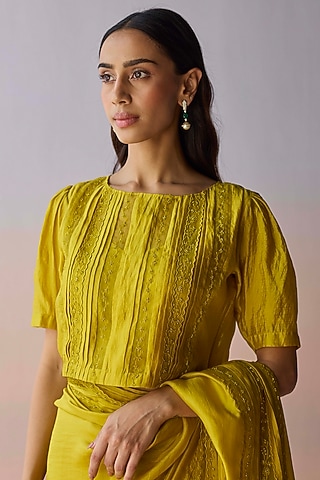 Green Handwoven Organza Mulberry Silk Lace Embroidered Blouse by Surmaye