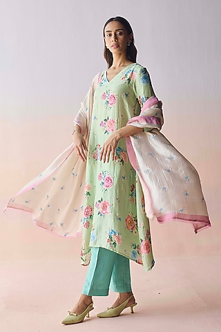 Pink Handwoven Mulberry Silk Striped Dupatta by Surmaye