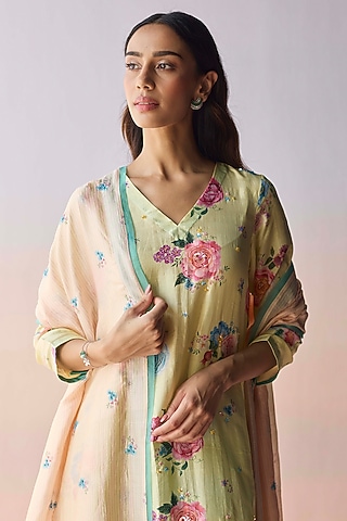 Soft Yellow & Pink Handwoven Mulberry Silk Striped Dupatta by Surmaye