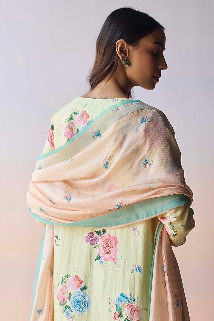 Soft Yellow & Pink Handwoven Mulberry Silk Striped Dupatta by Surmaye at Pernia's Pop Up Shop