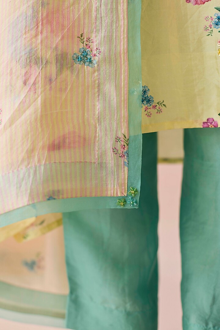 Soft Yellow & Pink Handwoven Mulberry Silk Striped Dupatta by Surmaye at Pernia's Pop Up Shop