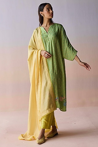 Yellow Handwoven Mulberry Silk Striped Dupatta by Surmaye