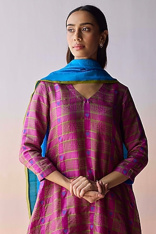 Blue Handwoven Mulberry Silk Dupatta by Surmaye