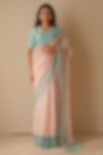Soft Pink & Coral Blue Organza Mulberry Silk Embroidered Party Wear Saree by Surmaye at Pernia's Pop Up Shop