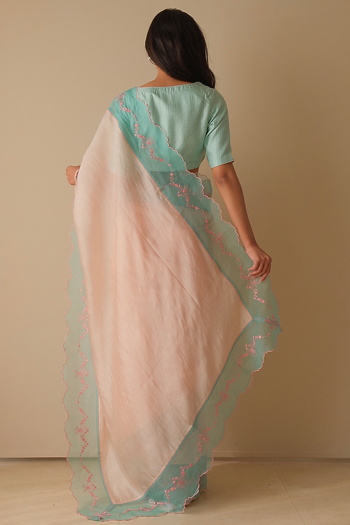 Soft Pink & Coral Blue Organza Mulberry Silk Embroidered Party Wear Saree by Surmaye at Pernia's Pop Up Shop