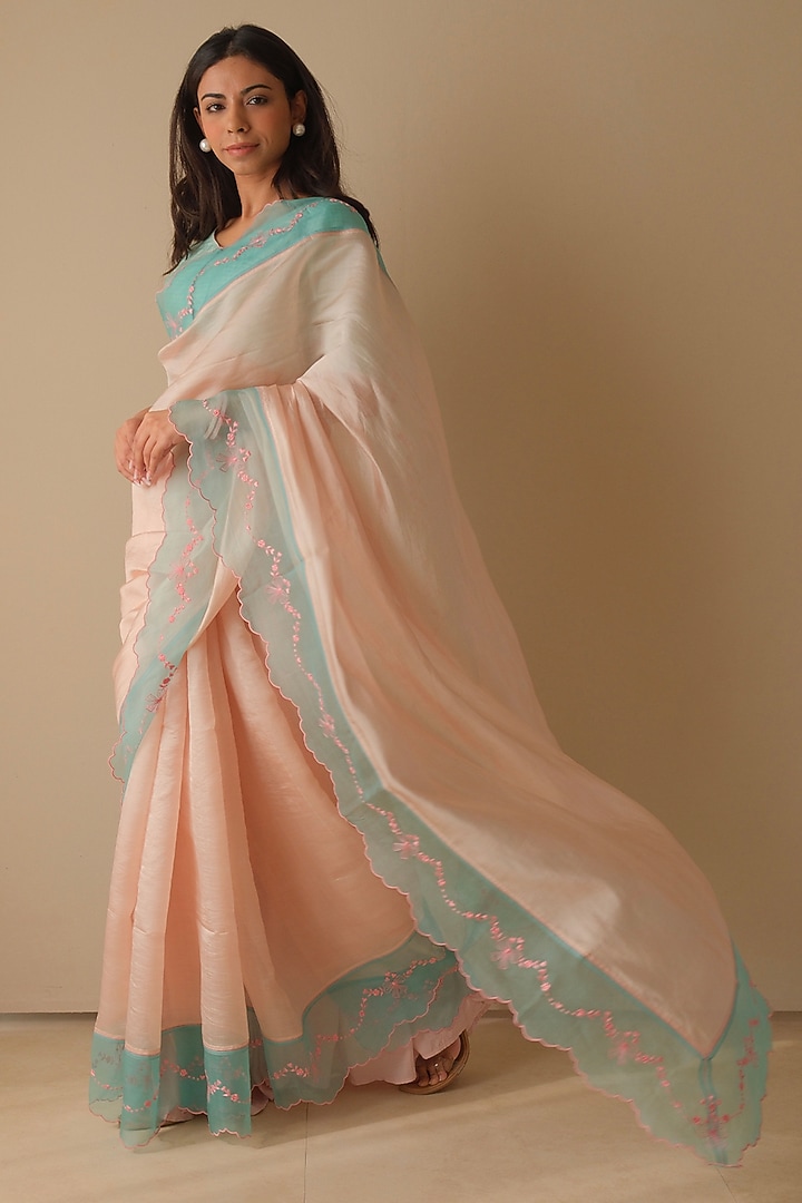 Soft Pink & Coral Blue Organza Mulberry Silk Embroidered Party Wear Saree by Surmaye at Pernia's Pop Up Shop