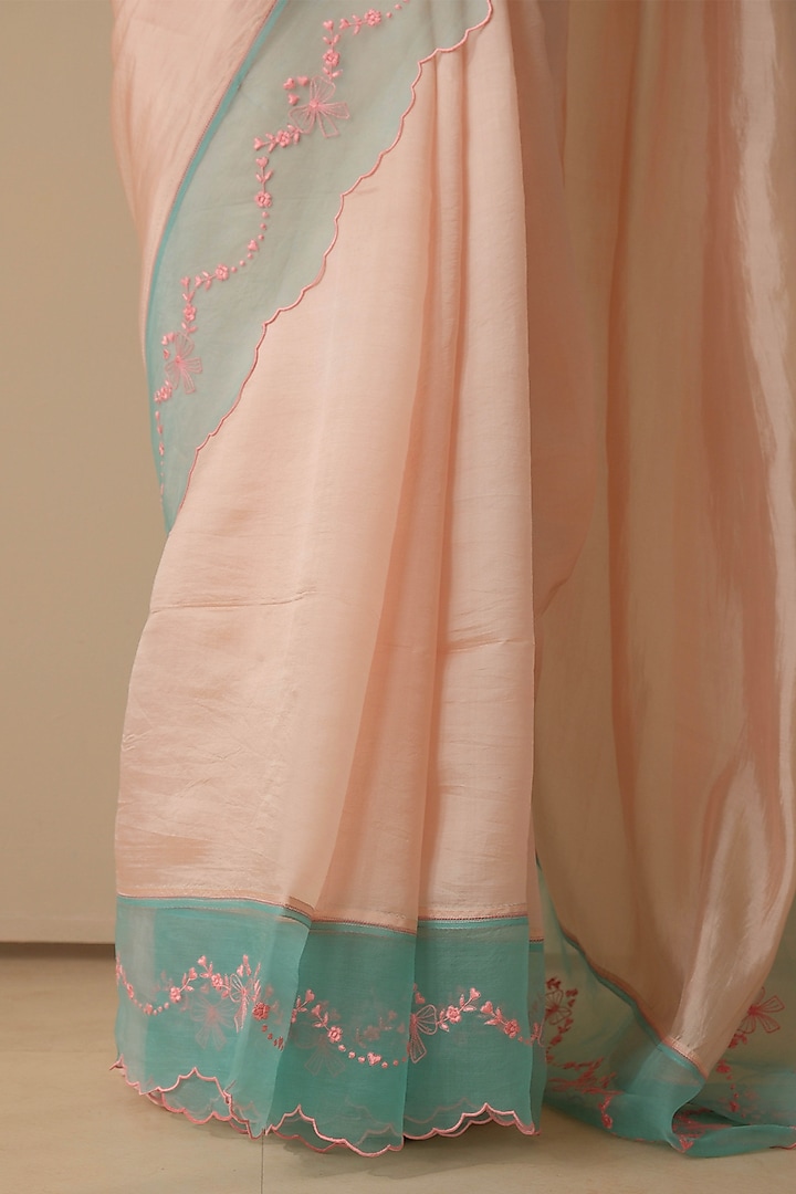 Soft Pink & Coral Blue Organza Mulberry Silk Embroidered Party Wear Saree by Surmaye at Pernia's Pop Up Shop