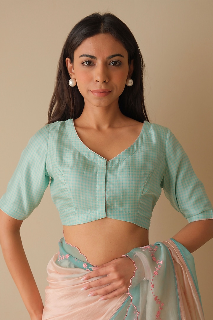 Soft Pink & Coral Blue Organza Mulberry Silk Embroidered Party Wear Saree by Surmaye at Pernia's Pop Up Shop