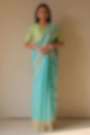 Coral Blue Organza Mulberry Silk Embroidered Party Wear Saree by Surmaye at Pernia's Pop Up Shop
