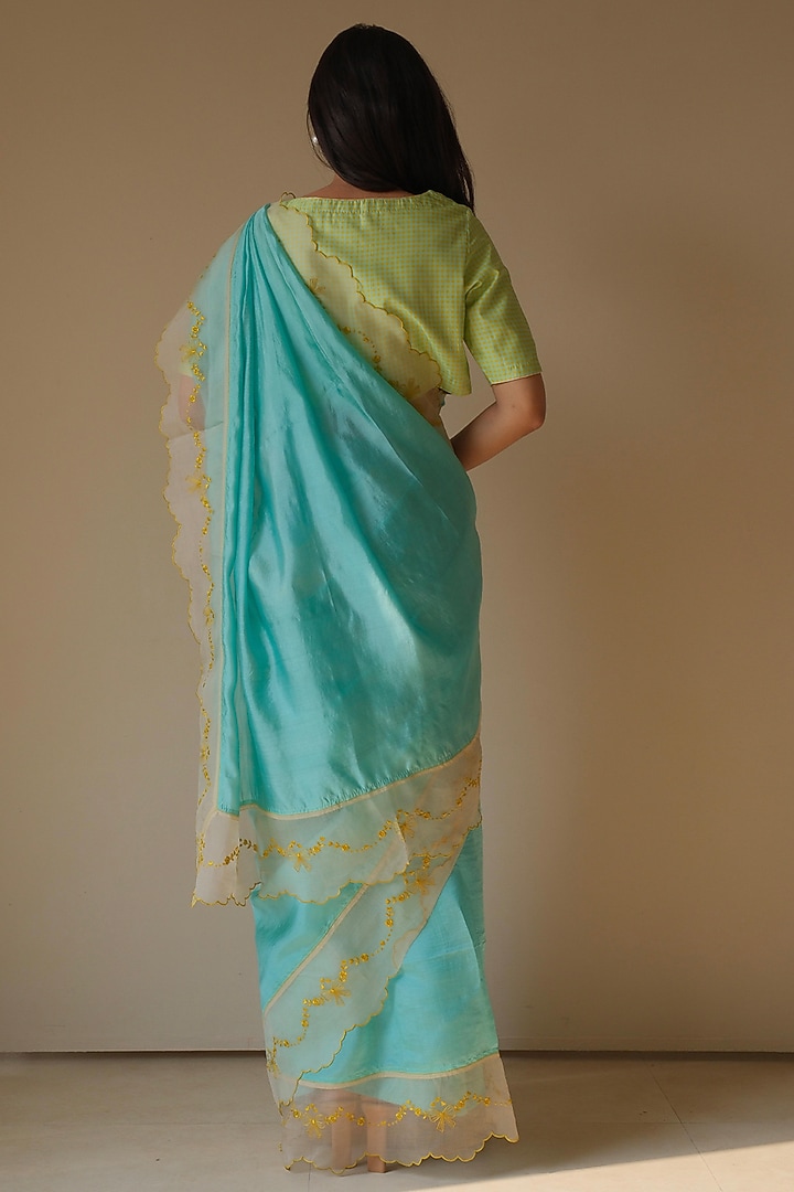 Coral Blue Organza Mulberry Silk Embroidered Party Wear Saree by Surmaye at Pernia's Pop Up Shop