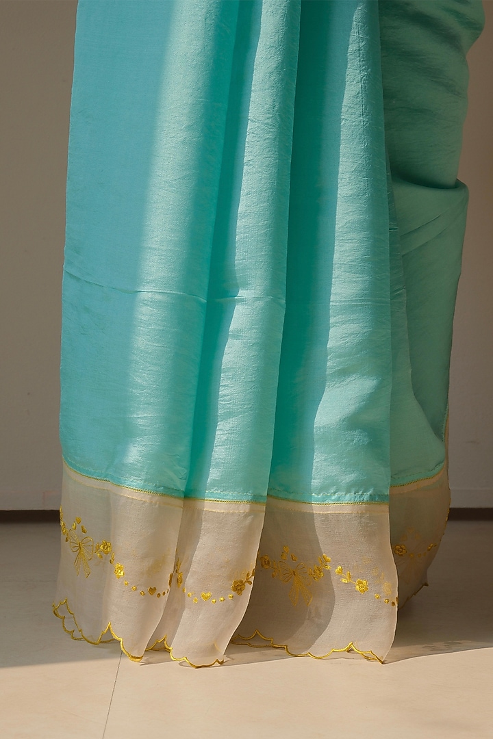 Coral Blue Organza Mulberry Silk Embroidered Party Wear Saree by Surmaye at Pernia's Pop Up Shop