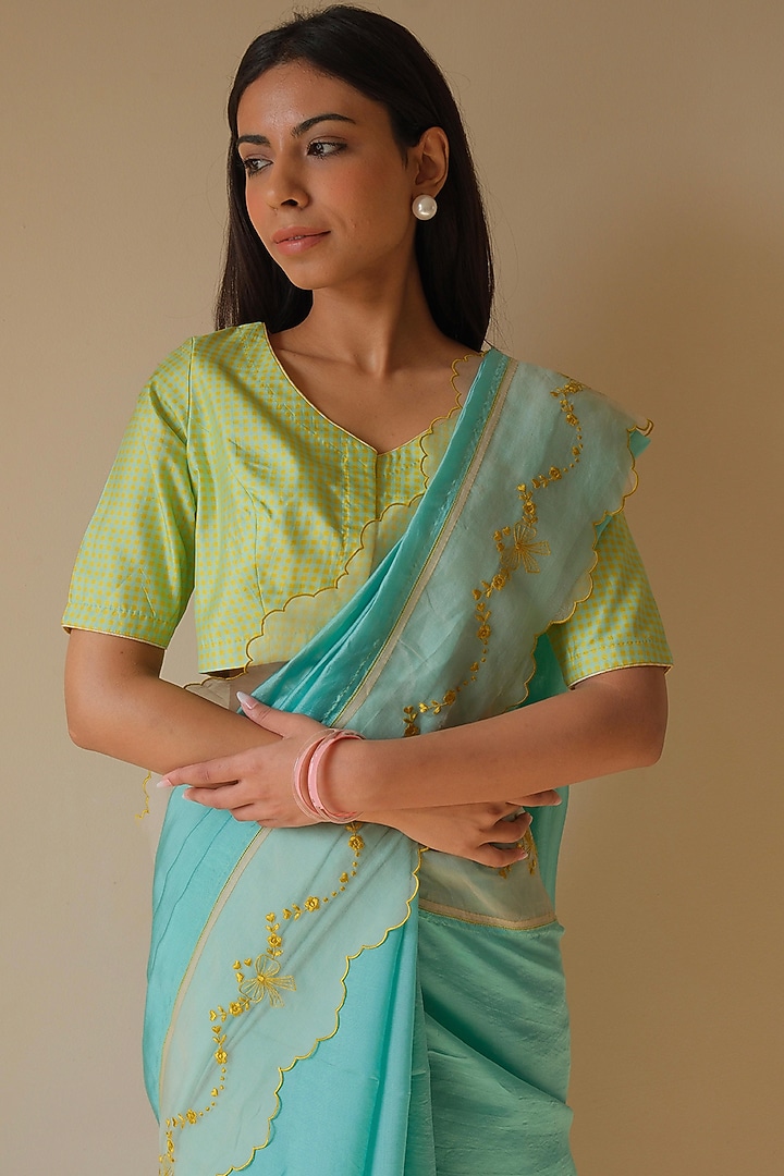 Coral Blue Organza Mulberry Silk Embroidered Party Wear Saree by Surmaye at Pernia's Pop Up Shop