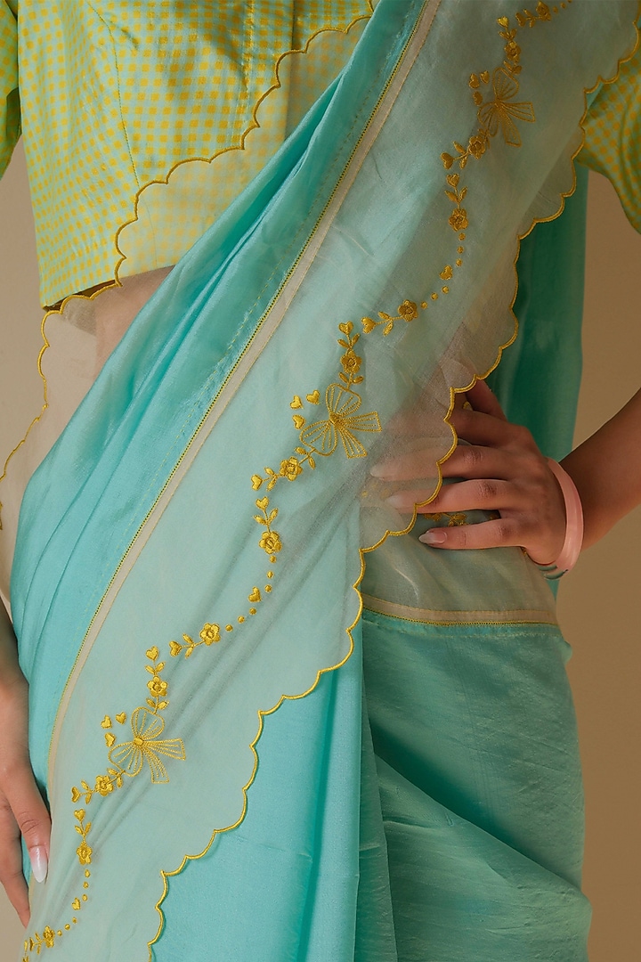 Coral Blue Organza Mulberry Silk Embroidered Party Wear Saree by Surmaye at Pernia's Pop Up Shop