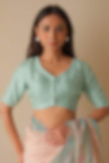 Coral Blue & Beige Organza Mulberry Silk Checkered Blouse by Surmaye at Pernia's Pop Up Shop