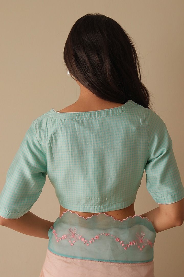 Coral Blue & Beige Organza Mulberry Silk Checkered Blouse by Surmaye at Pernia's Pop Up Shop
