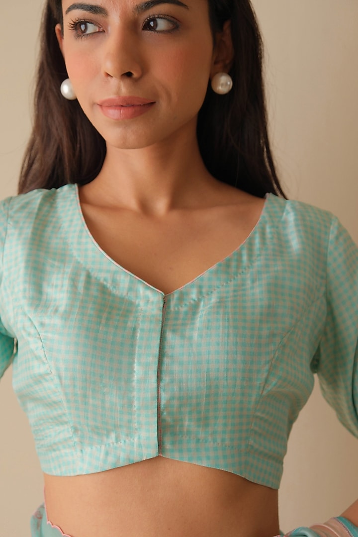 Coral Blue & Beige Organza Mulberry Silk Checkered Blouse by Surmaye at Pernia's Pop Up Shop