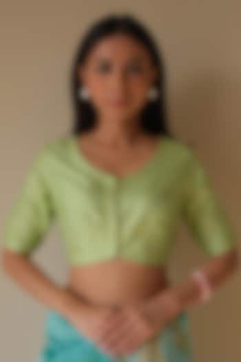 Lime & Coral Blue Organza Mulberry Silk Checkered Blouse by Surmaye at Pernia's Pop Up Shop