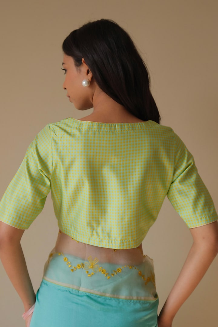 Lime & Coral Blue Organza Mulberry Silk Checkered Blouse by Surmaye at Pernia's Pop Up Shop