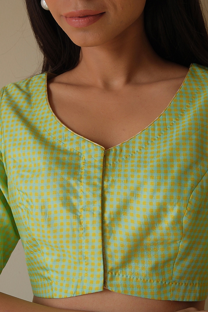 Lime & Coral Blue Organza Mulberry Silk Checkered Blouse by Surmaye at Pernia's Pop Up Shop
