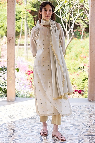 Beige Handwoven Silk Khadi Hand Embroidered Kurta Set by Surmaye
