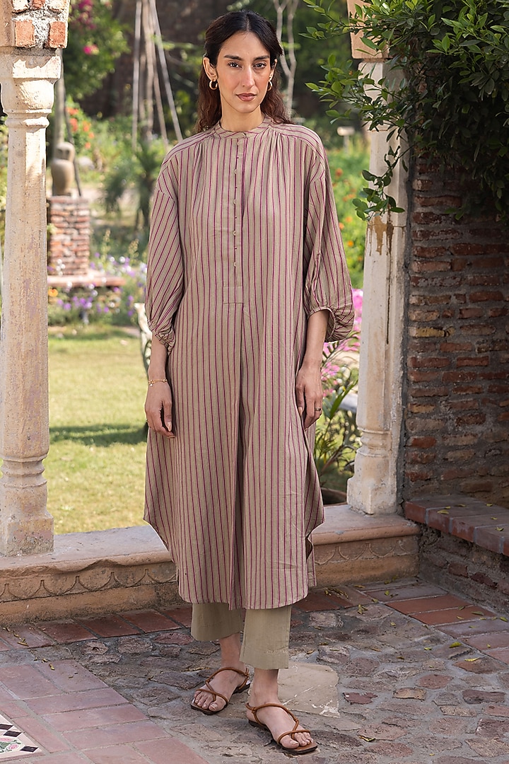 Brown Handwoven Cotton Striped Kurta Set by Surmaye at Pernia's Pop Up Shop