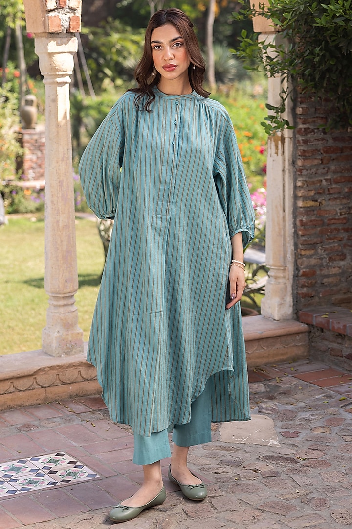 Teal Blue Handwoven Cotton Striped Kurta Set by Surmaye at Pernia's Pop Up Shop