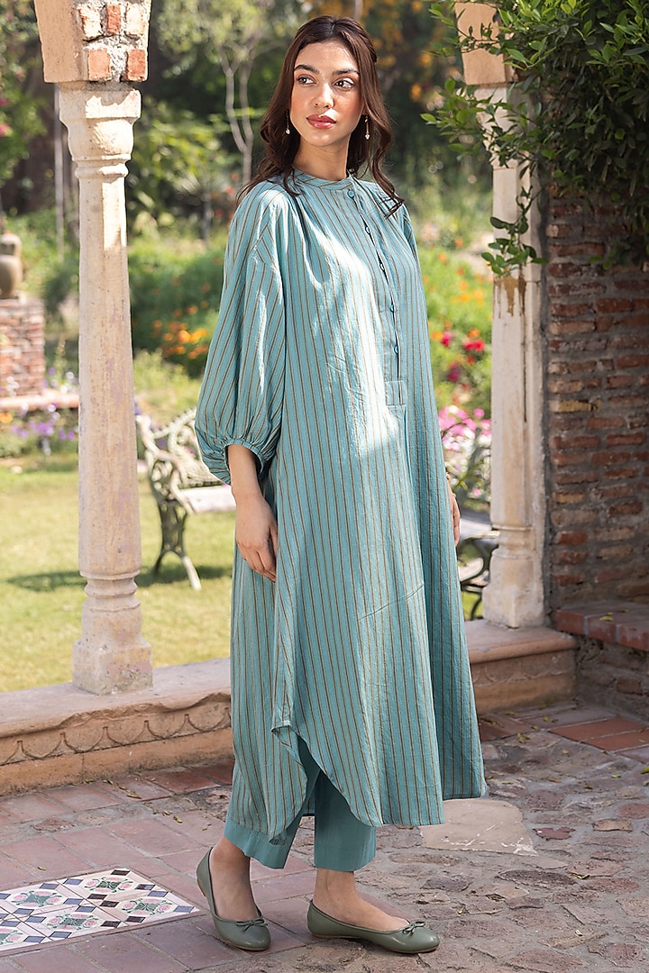 Teal Blue Handwoven Cotton Striped Kurta Set by Surmaye at Pernia's Pop Up Shop