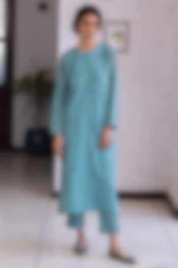 Teal Blue Handwoven Cotton Hand Embroidered Kurta Set by Surmaye at Pernia's Pop Up Shop