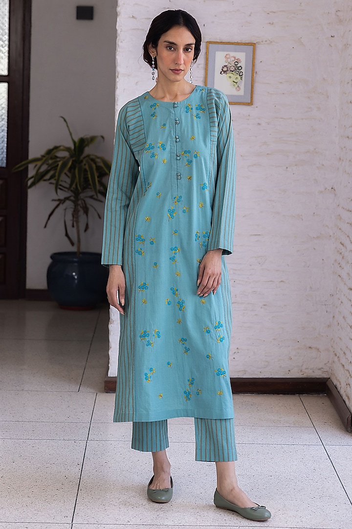 Teal Blue Handwoven Cotton Hand Embroidered Kurta Set by Surmaye at Pernia's Pop Up Shop
