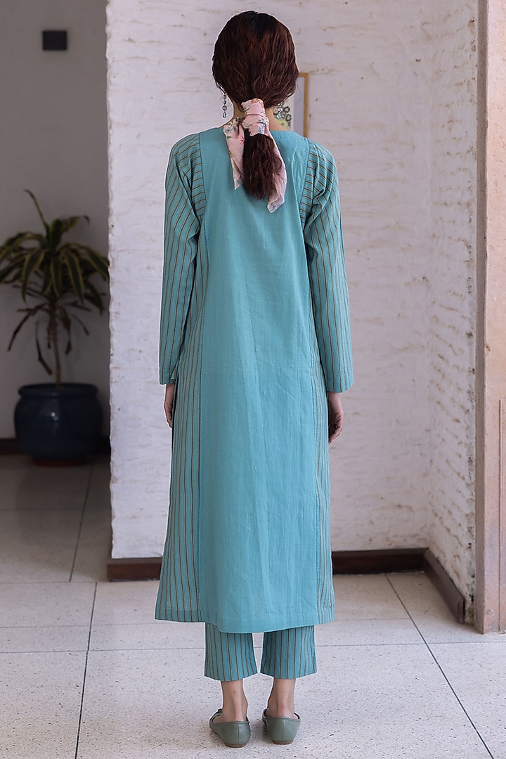 Teal Blue Handwoven Cotton Hand Embroidered Kurta Set by Surmaye at Pernia's Pop Up Shop