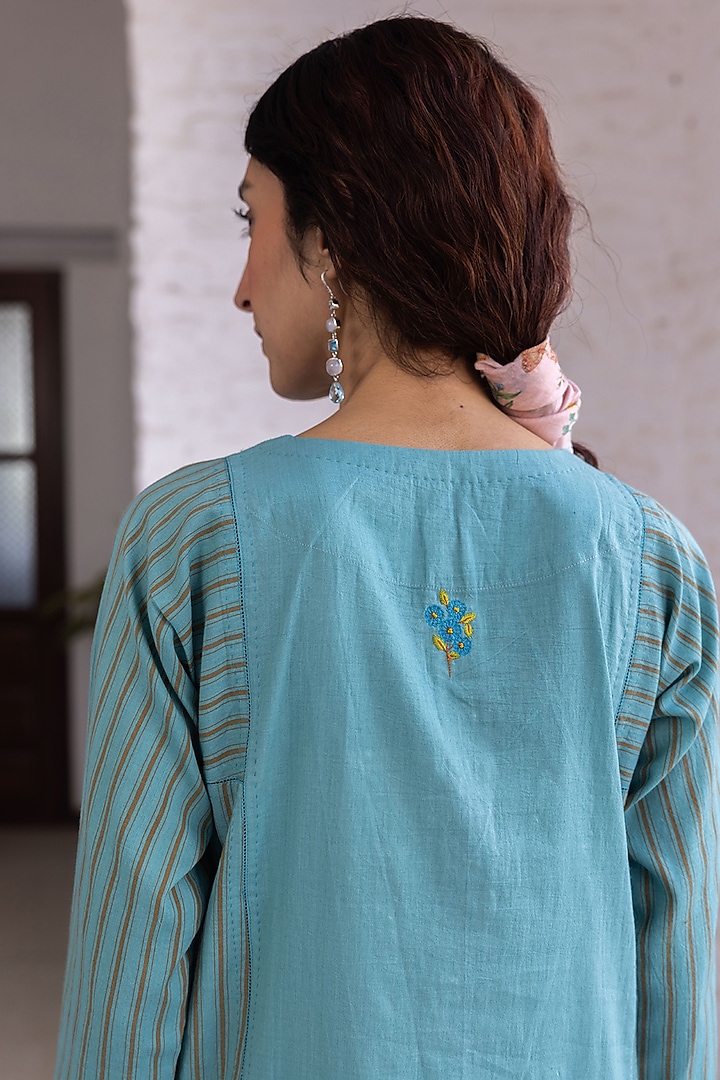 Teal Blue Handwoven Cotton Hand Embroidered Kurta Set by Surmaye at Pernia's Pop Up Shop
