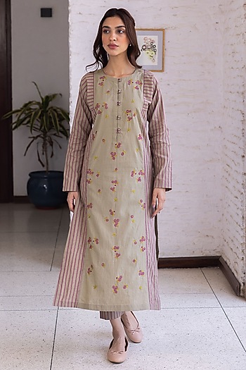 Brown Handwoven Cotton Hand Embroidered Kurta Set by Surmaye at Pernia's Pop Up Shop
