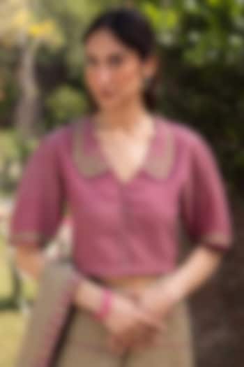 Pink Handwoven Fine Silk Khadi Embroidered Blouse by Surmaye at Pernia's Pop Up Shop