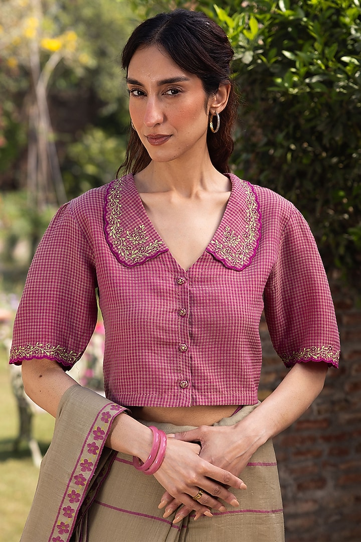 Pink Handwoven Fine Silk Khadi Embroidered Blouse by Surmaye at Pernia's Pop Up Shop