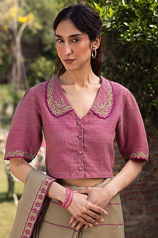 Pink Handwoven Fine Silk Khadi Embroidered Blouse by Surmaye