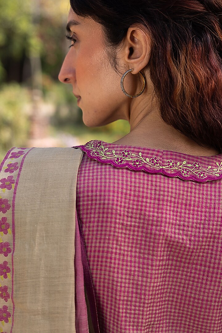 Pink Handwoven Fine Silk Khadi Embroidered Blouse by Surmaye at Pernia's Pop Up Shop