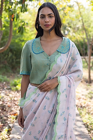 Green Handwoven Fine Silk Khadi Embroidered Blouse by Surmaye