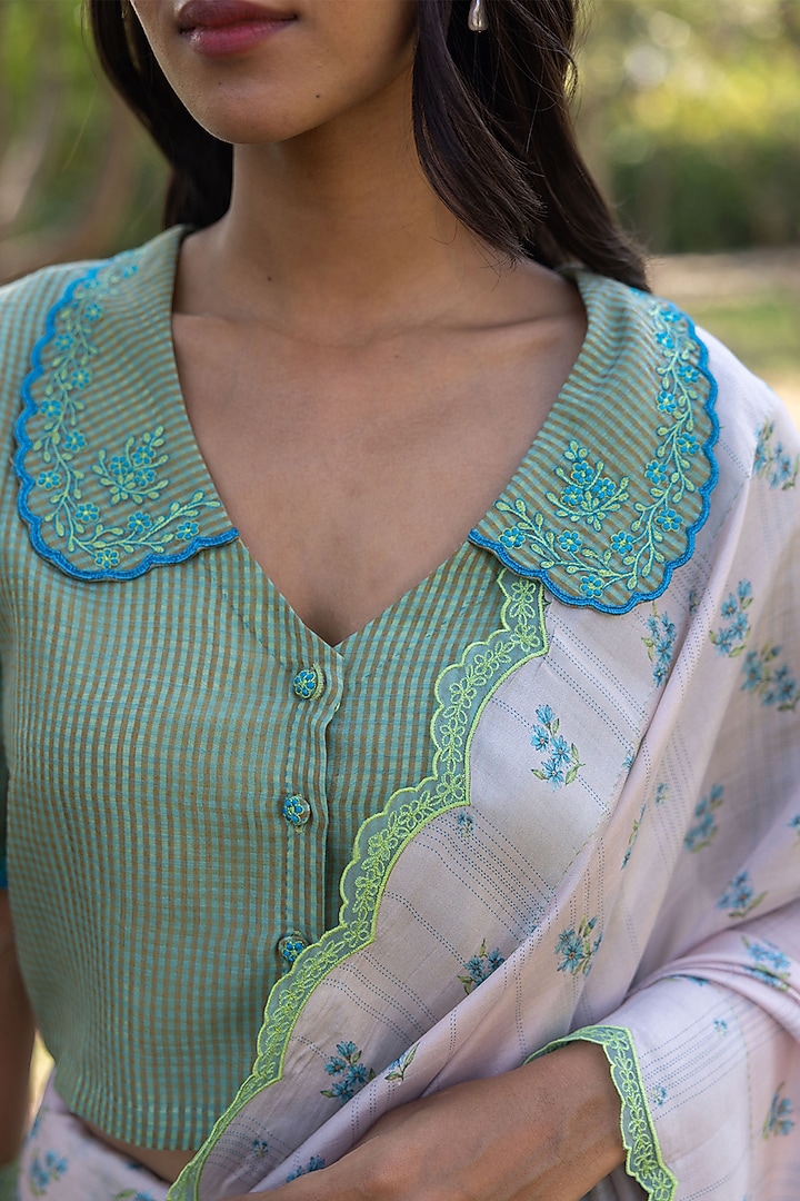 Green Handwoven Fine Silk Khadi Embroidered Blouse by Surmaye at Pernia's Pop Up Shop