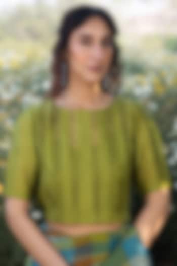 Green Handwoven Organza Mulberry Silk Embroidered Blouse by Surmaye at Pernia's Pop Up Shop