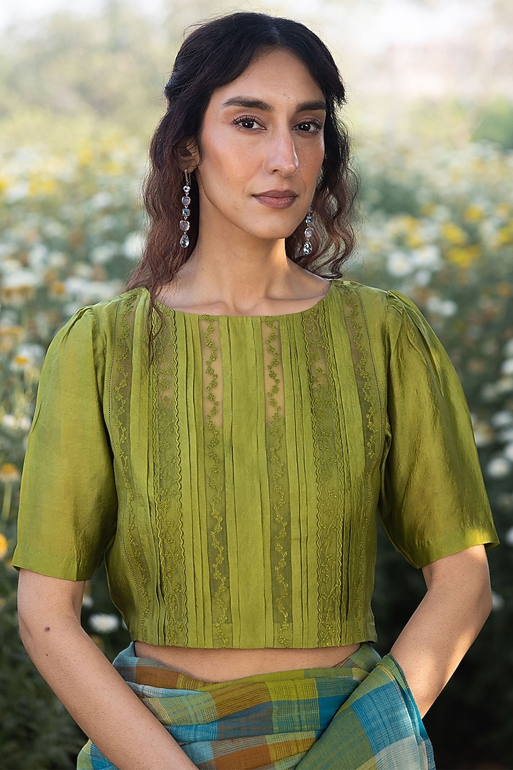 Green Handwoven Organza Mulberry Silk Embroidered Blouse by Surmaye at Pernia's Pop Up Shop