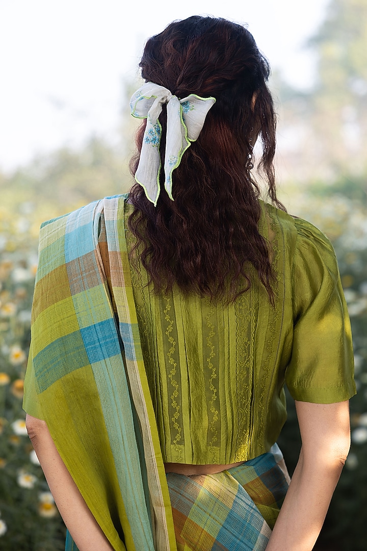 Green Handwoven Organza Mulberry Silk Embroidered Blouse by Surmaye at Pernia's Pop Up Shop