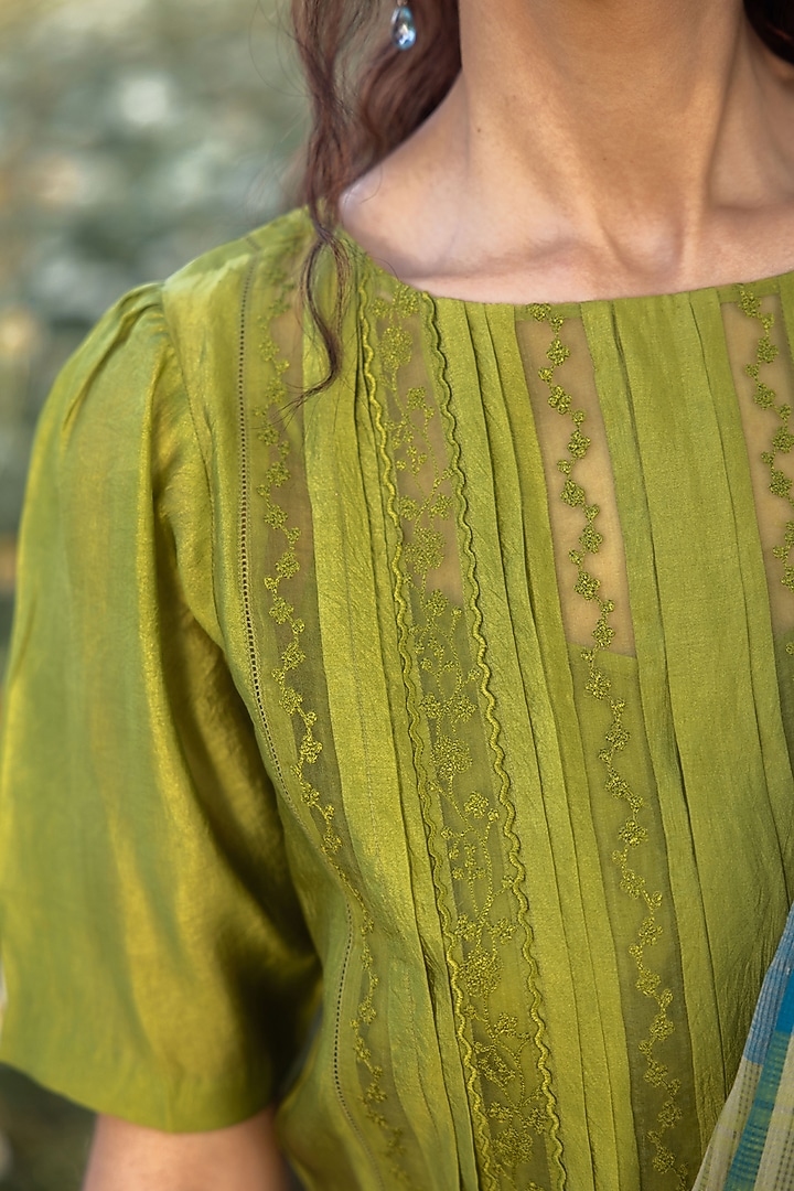 Green Handwoven Organza Mulberry Silk Embroidered Blouse by Surmaye at Pernia's Pop Up Shop