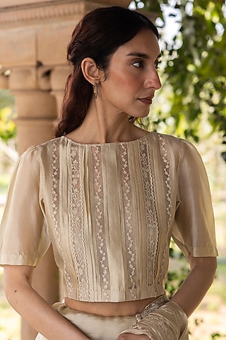 Beige Handwoven Organza Mulberry Silk Embroidered Blouse by Surmaye