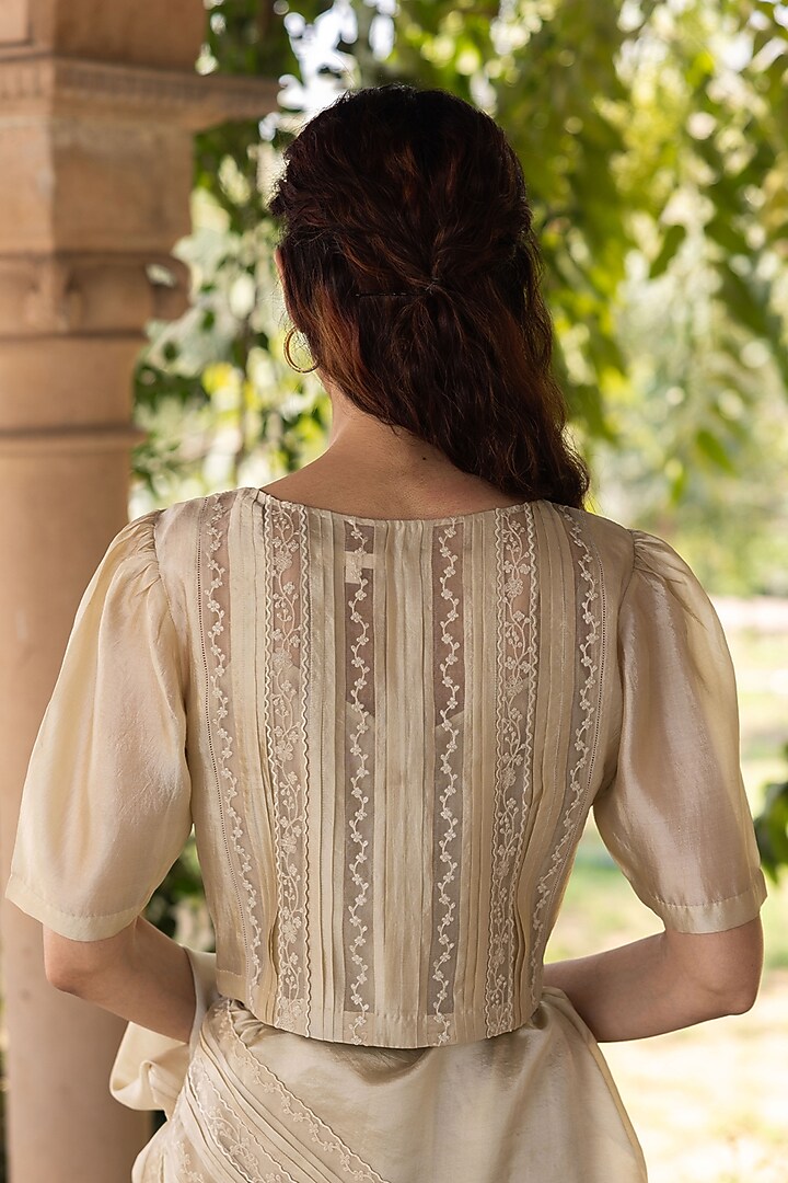 Beige Handwoven Organza Mulberry Silk Embroidered Blouse by Surmaye at Pernia's Pop Up Shop