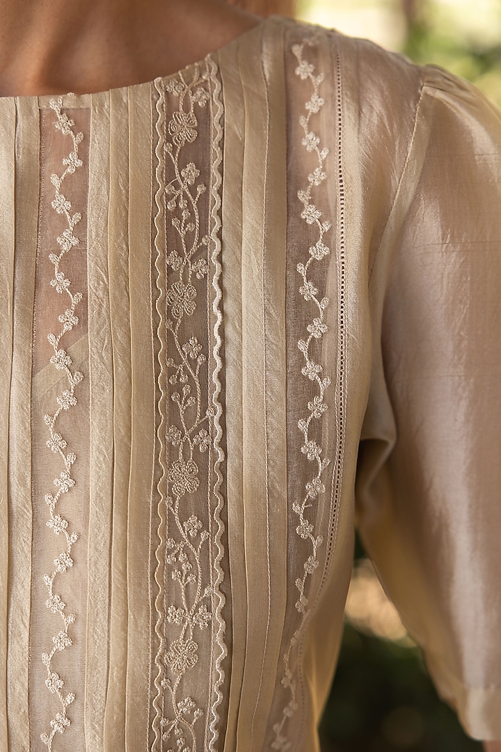 Beige Handwoven Organza Mulberry Silk Embroidered Blouse by Surmaye at Pernia's Pop Up Shop