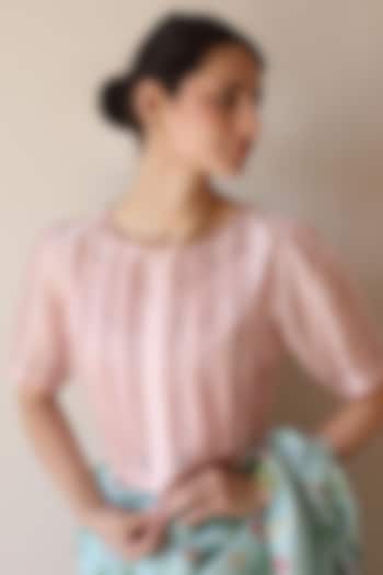 Pink Handwoven Organza Mulberry Silk Embroidered Blouse by Surmaye at Pernia's Pop Up Shop