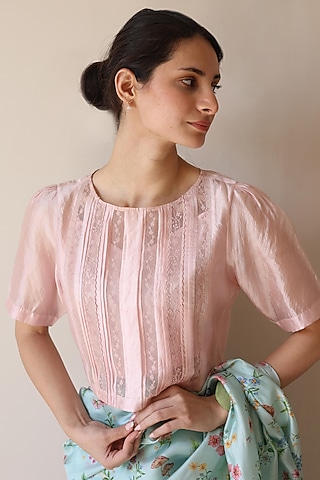 Pink Handwoven Organza Mulberry Silk Embroidered Blouse by Surmaye